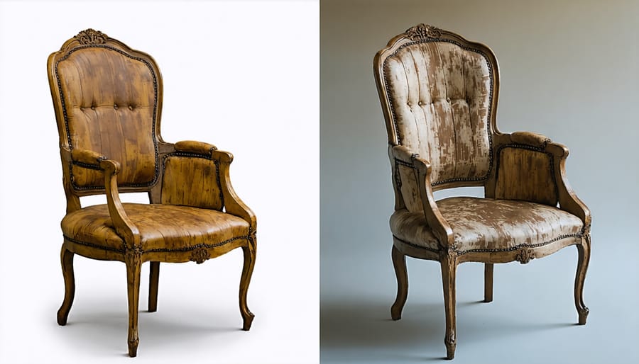 Before and after comparison of chemical stripping process on antique Victorian chair