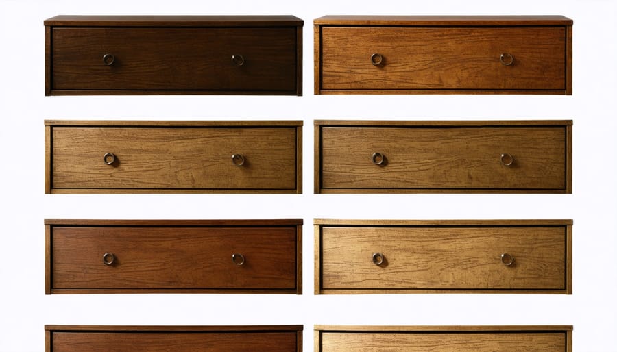 Four-stage progression of stain application on antique dresser drawer