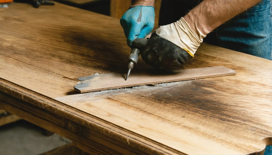 Craftsperson performing detailed wood repair on damaged antique table surface