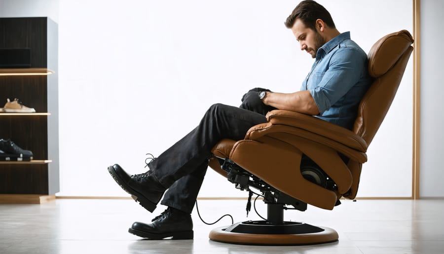 Certified repair technician working on internal recliner mechanisms with specialized tools