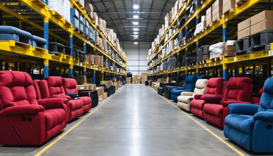 Warehouse shelves stocked with various recliner mechanisms, springs, and upholstery materials