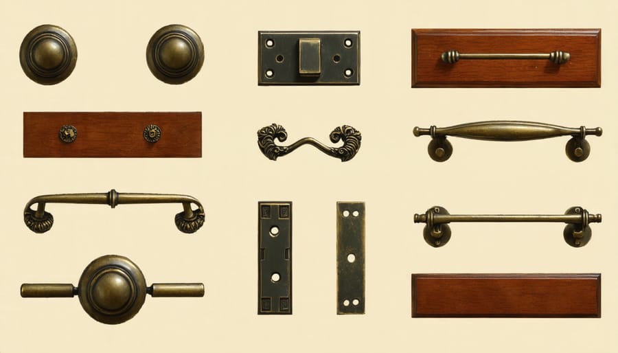 Vintage 1970s furniture hardware components displayed on white background
