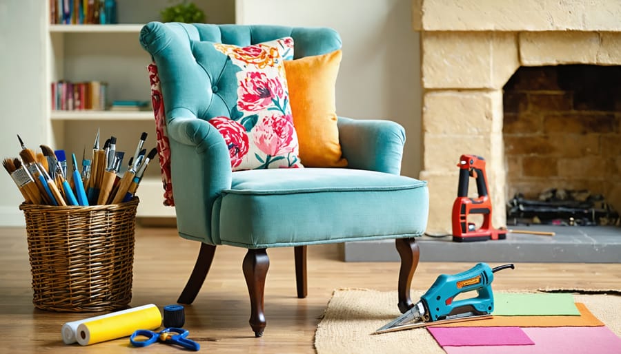 A beautifully reupholstered accent chair in a stylish room, surrounded by reupholstery tools and colorful fabric swatches, symbolizing the transformation process.
