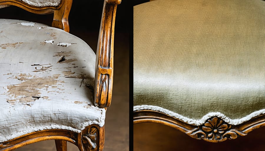 Before and after comparison of antique chair upholstery restoration showing fabric wear and repair