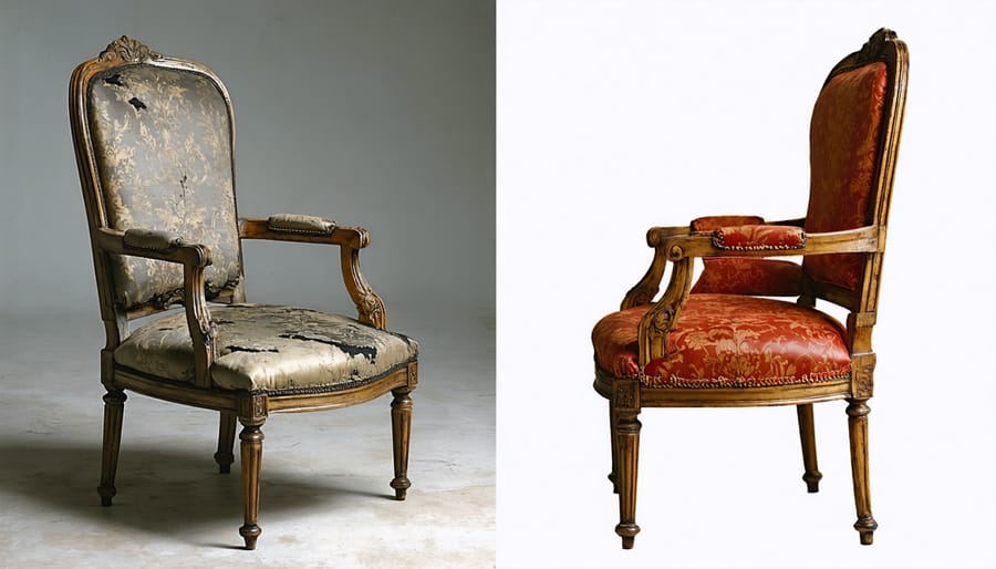 A split view of an antique chair showing a side-by-side comparison of worn, damaged upholstery and the same chair restored with new, period-appropriate fabrics, showcasing the restoration process.