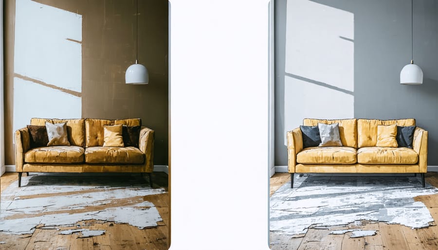 Side-by-side comparison of wood surface repair with AR color matching overlay
