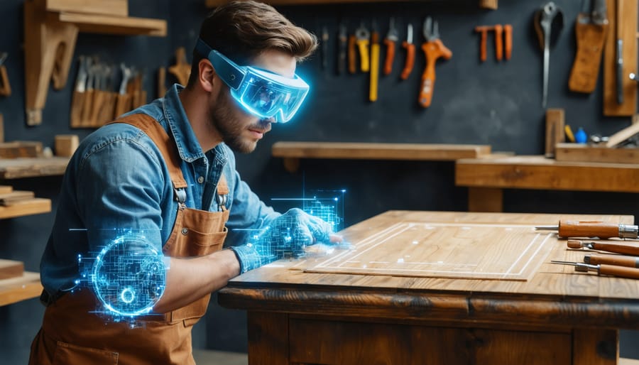 Apprentice wearing AR glasses utilizing holographic overlays to restore a vintage wooden table in a workshop.