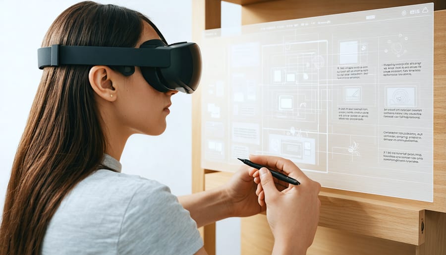 Furniture restorer using AR glasses with visible holographic instructions for wood repair