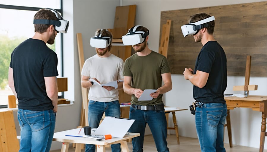Multiple furniture restoration trainees using AR headsets in workshop setting