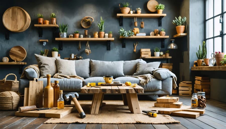 A cozy living room showcasing handcrafted wooden decor including floating shelves and a farmhouse-style coffee table, with DIY woodworking tools in the foreground symbolizing the creative process.