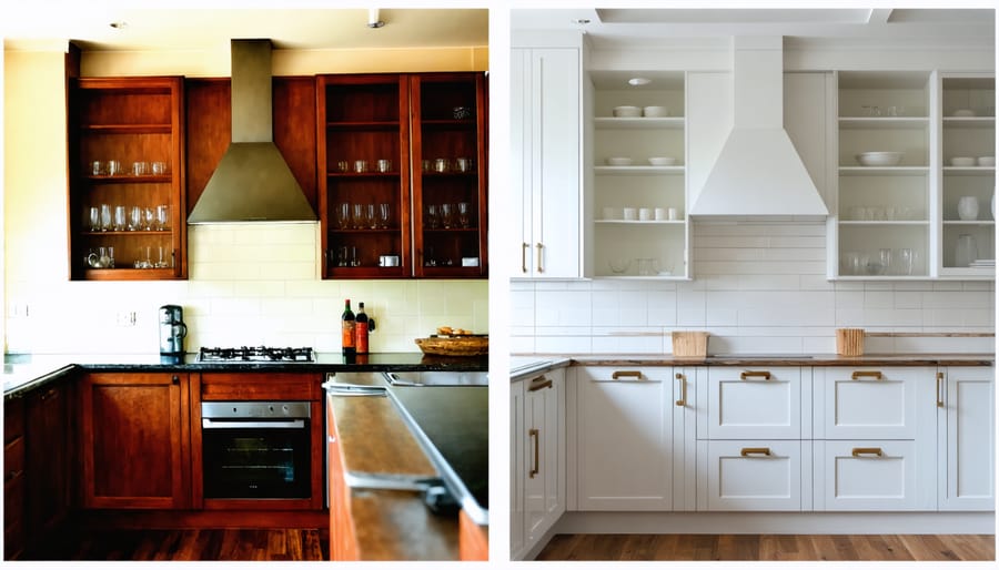 Split view comparison of worn kitchen cabinets before reglazing and their restored appearance after
