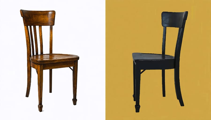 Before and after comparison of restored antique chair showing dramatic transformation