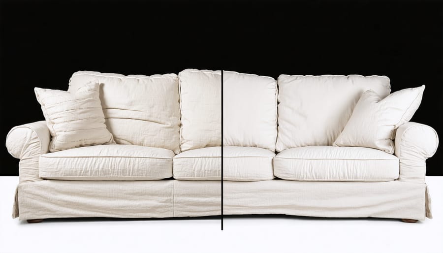 Split image showing a sagging cushion before repair and the same cushion restored to proper shape