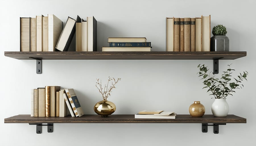 Wooden floating shelves mounted on white wall with hidden brackets