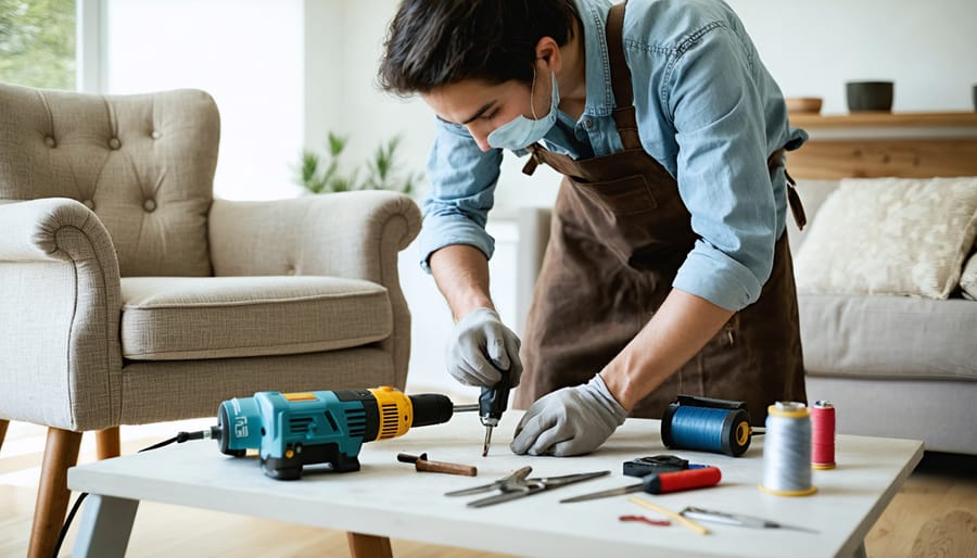 "A person repairing an upholstered chair at home using professional tools, with neatly organized scissors, thread, and a staple gun on a workbench in a warm, inviting room."