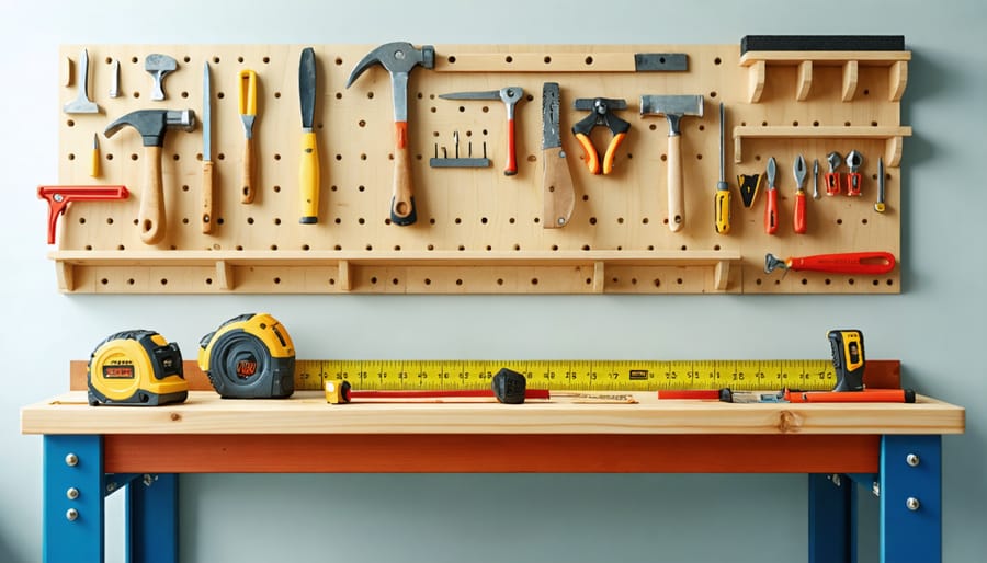 Basic woodworking tools arranged neatly on a wooden workbench