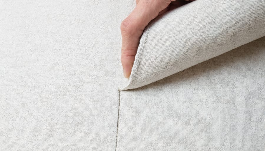 Detailed view of fabric pattern matching and corner stapling technique