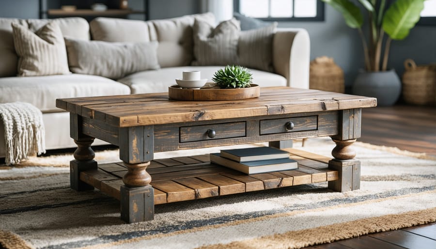 Handmade wooden farmhouse style coffee table with decorative items