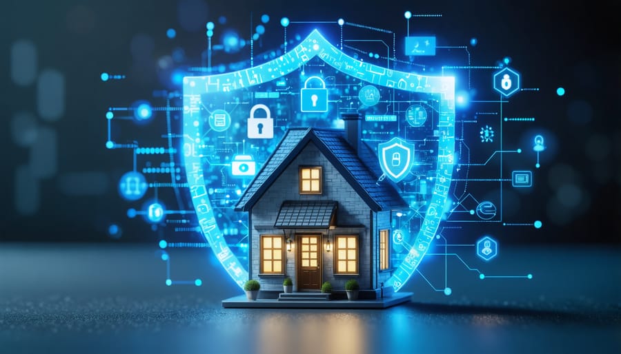 Visual representation of a small furniture business enveloped in a digital shield, highlighting cybersecurity symbols like locks and shields against a backdrop of binary code to illustrate FTC-approved online security measures.