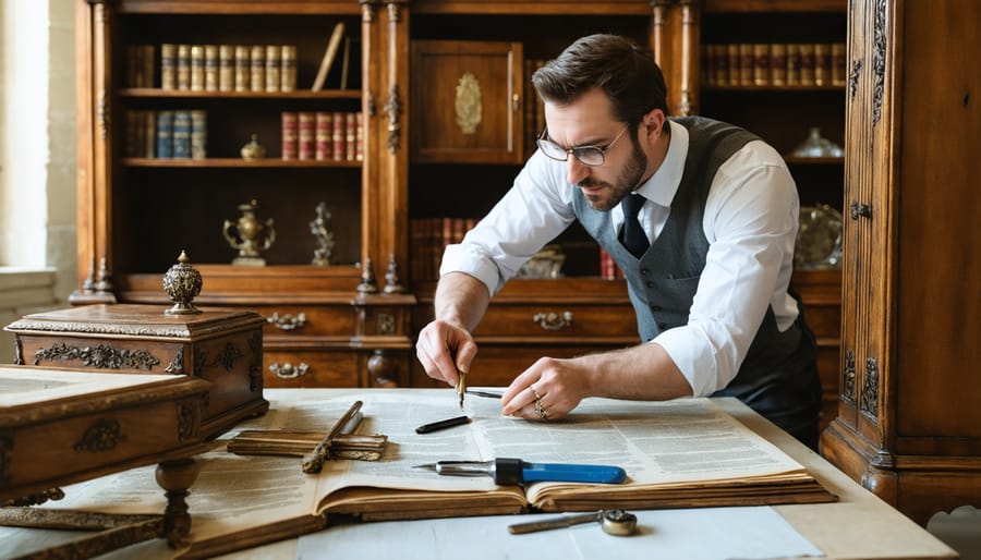 Expert appraiser evaluating valuable antique furniture piece