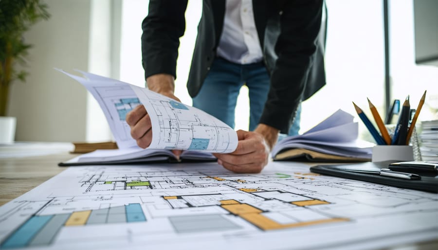 Furniture consultant discussing office layout plans with business clients