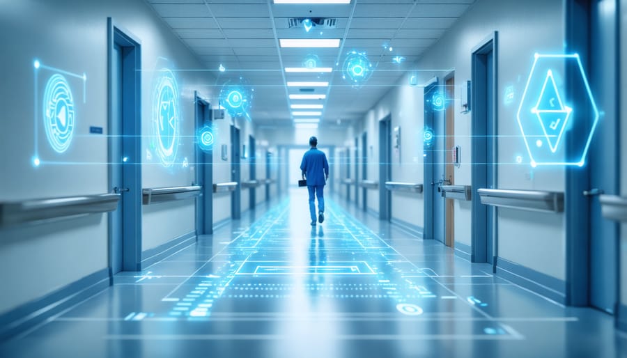 Healthcare facility showing indoor navigation system implementation with visible beacons and user