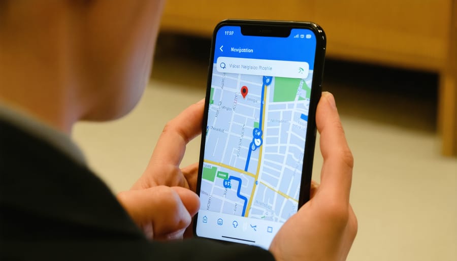 Visually impaired person navigating indoor space using smartphone navigation app with voice guidance