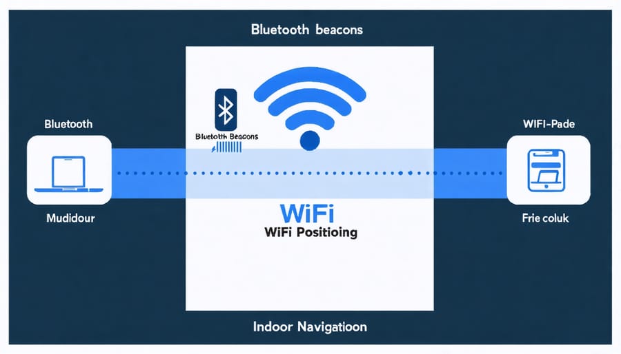 Infographic demonstrating indoor navigation technology infrastructure with Bluetooth beacons and WiFi positioning