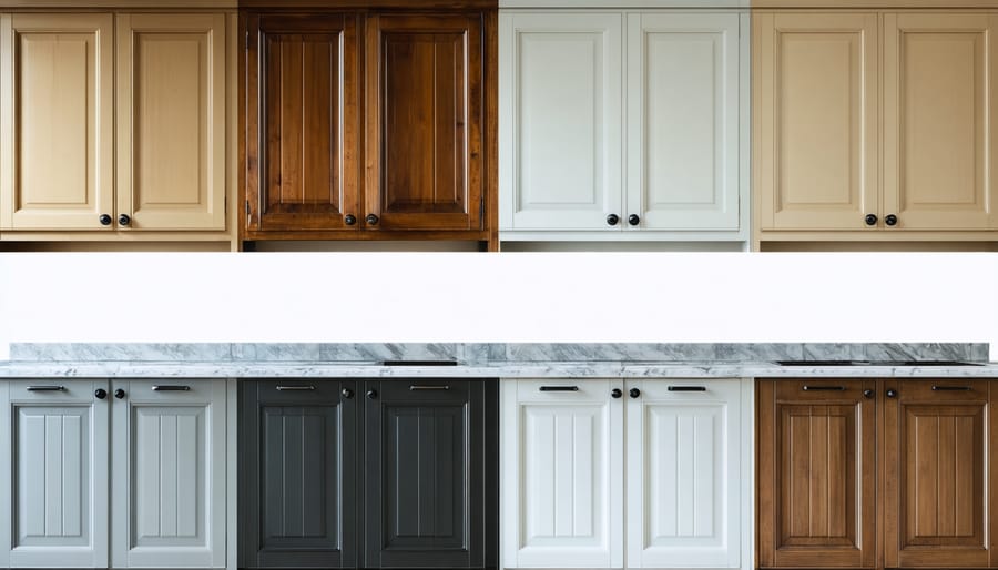 Split-image comparison of kitchen cabinets; on the left, worn and aged cabinetry, and on the right, the same cabinets restored to a factory-like finish through professional reglazing.