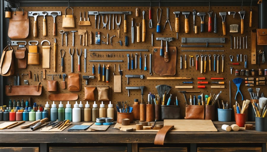 Essential leather repair tools and materials laid out on a workbench