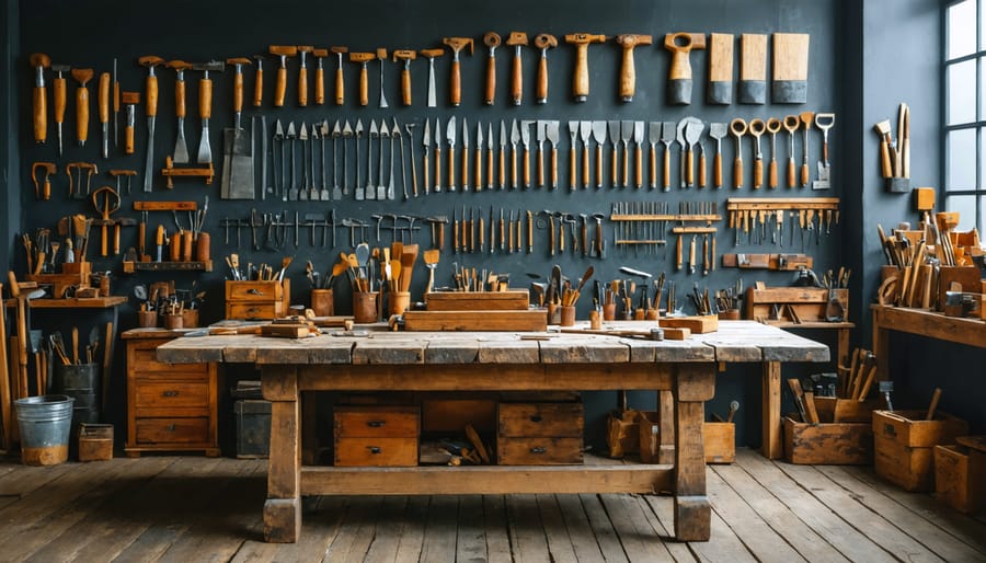 A skilled artisan working on restoring an antique wooden table in a professional workshop equipped with both traditional and modern restoration tools.