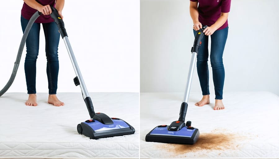Person demonstrating proper mattress cleaning technique with vacuum and cleaning solution