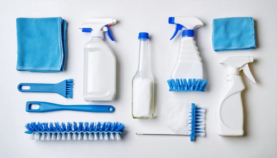 Collection of mattress cleaning supplies arranged on a white background
