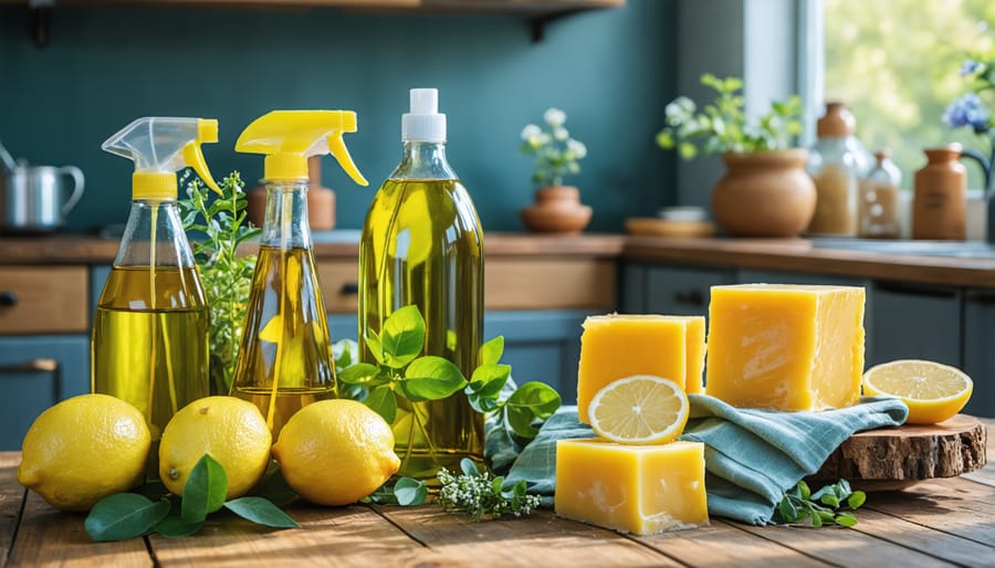 Natural cleaning ingredients arranged near a wooden table showing eco-friendly furniture care products