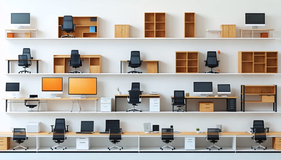 Staged office furniture installation showing before, during, and after phases