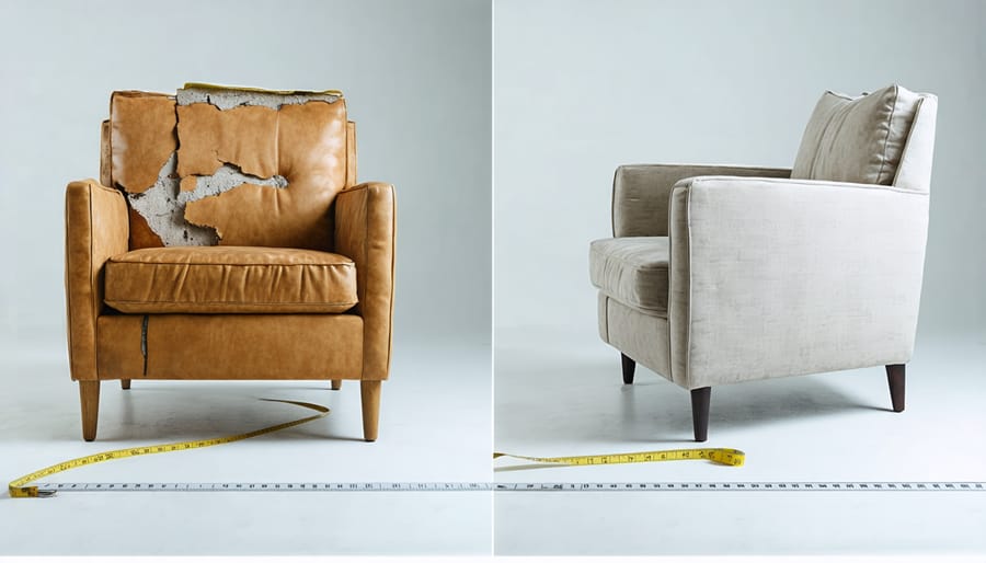 Step-by-step photo documentation of furniture damage with measuring tools