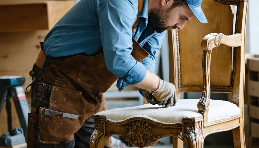 Skilled craftsperson performing detailed repair work on vintage furniture