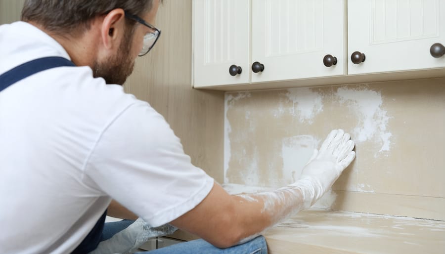 Cabinet refinishing professional wearing protective gear while applying glazing compound with professional spraying equipment