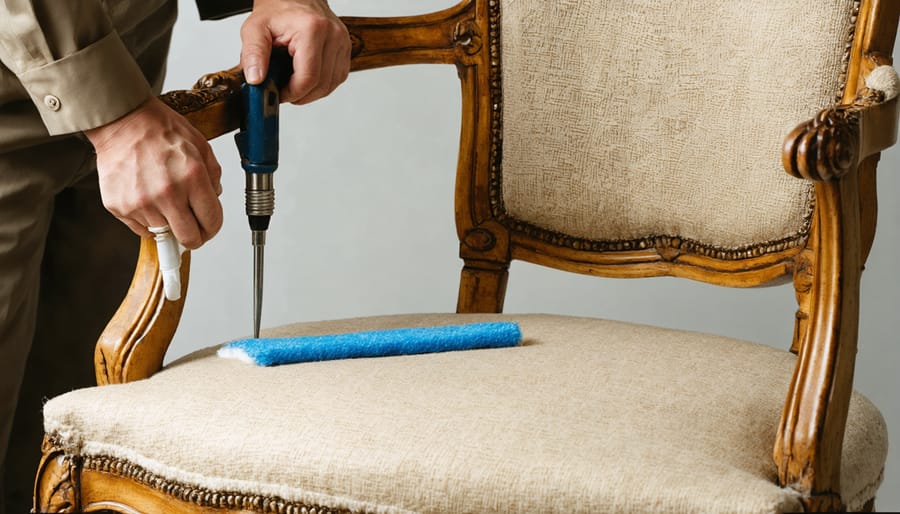 Upholstery expert carefully cleaning delicate antique chair fabric with professional tools