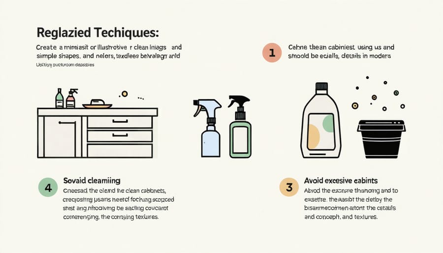 Step-by-step visual guide demonstrating recommended cleaning methods for reglazed kitchen cabinets