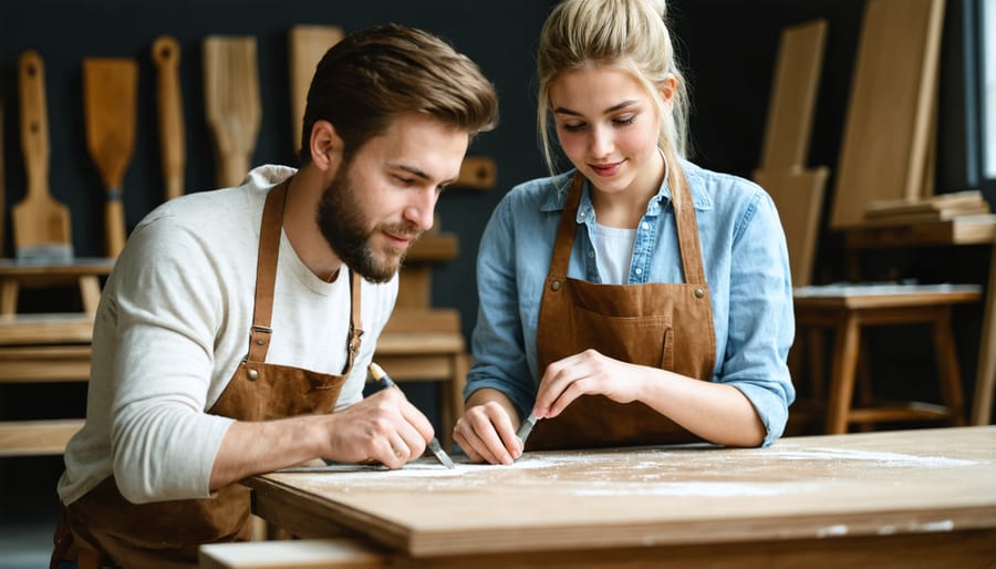 Expert furniture restorer demonstrating finishing techniques to an apprentice