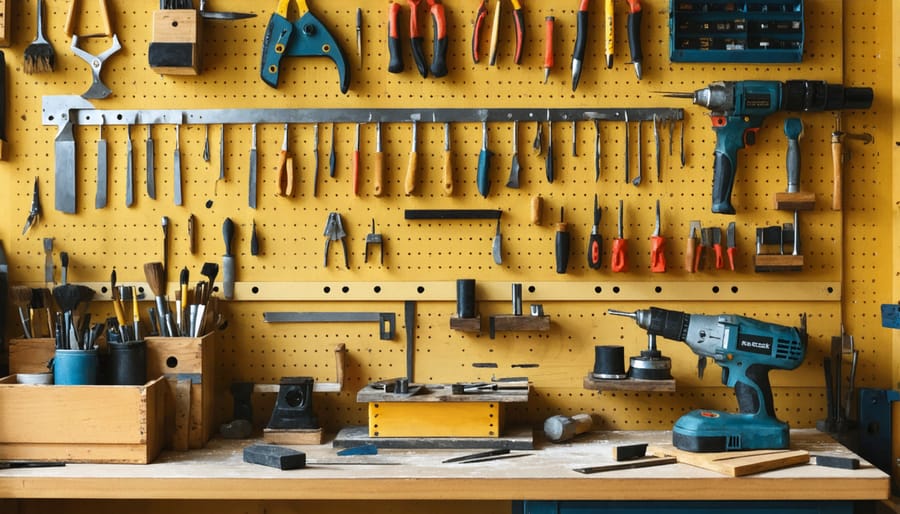 Well-organized furniture restoration workbench with professional tools and equipment