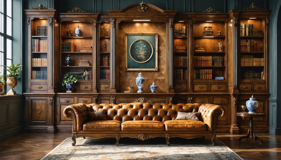 An antique furniture piece elegantly restored with intricate wood veneer work, showing rich patterns and textures in a sophisticated setting.