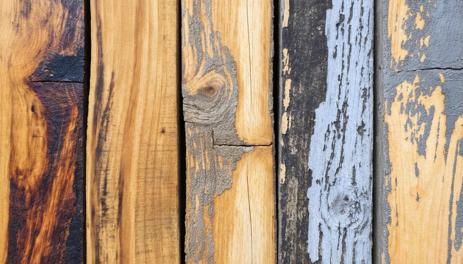 Wood sample board showing various rustic finish options and weathering techniques