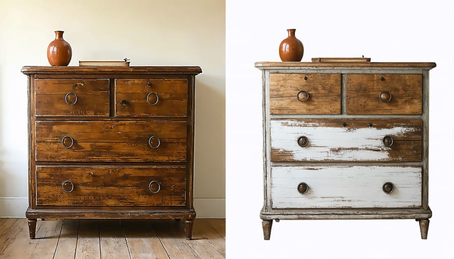 Split image comparing an old worn dresser before restoration and after being transformed into rustic farmhouse style