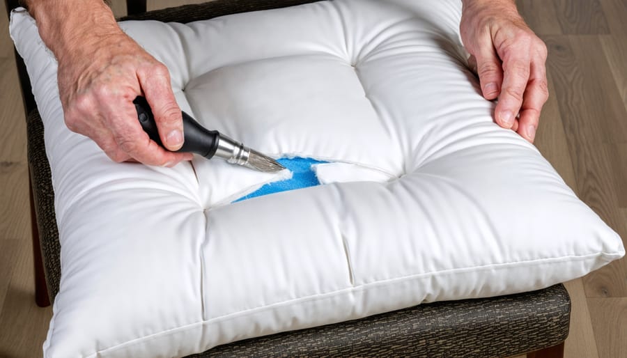 Hands demonstrating the process of fixing a torn upholstery seam using needle and thread