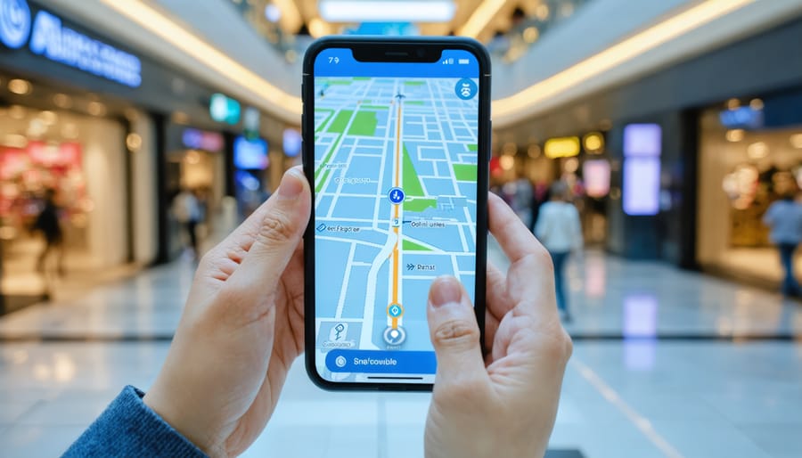 Conceptual illustration of a visually impaired person using a smartphone with an indoor navigation app, depicting integration with Bluetooth beacons and voice guidance in a modern indoor environment.