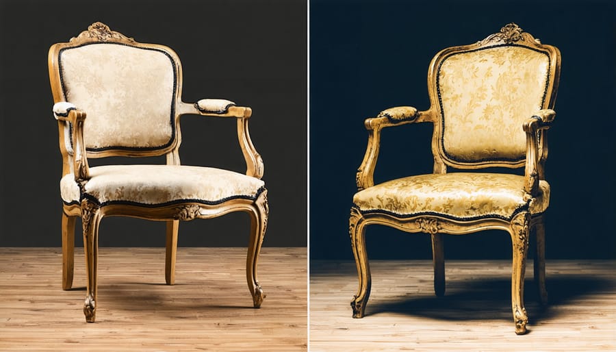 Before and after photos of sustainably restored vintage wooden chair