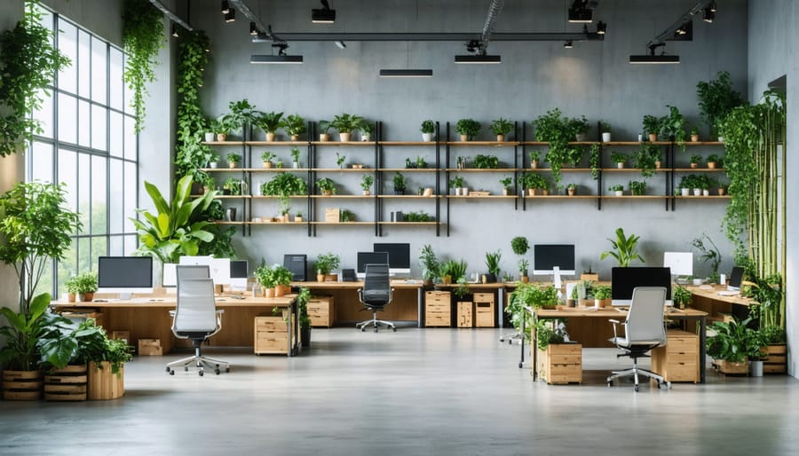 Eco-friendly office interior with sustainable furniture and natural lighting