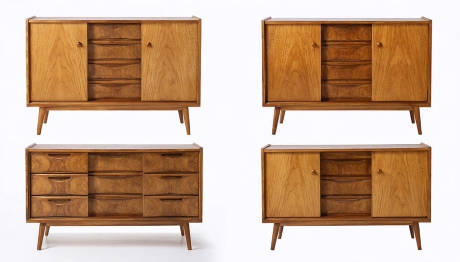 Split image showing 70s teak sideboard before and after professional restoration